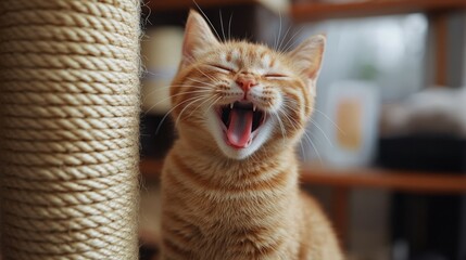 Cat Yawning on Scratching Post
