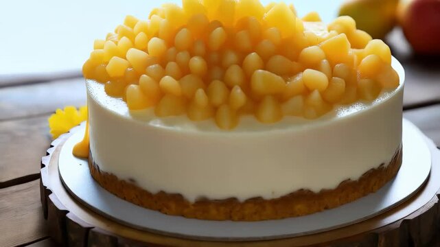 White mousse cake topped with piled diced mango cubes and glossy syrup drizzle on wooden slab Tropical mango orchard concept
