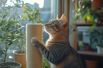 Cat Playing with Scratching Post
