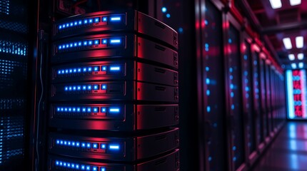 Data center servers with blue lights, a red ambient glow, and a blurred hallway.