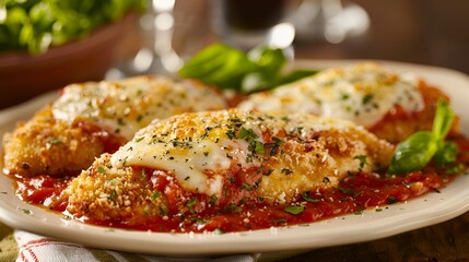 A plate of golden-brown chicken parmesan with melted cheese and marinara sauce.