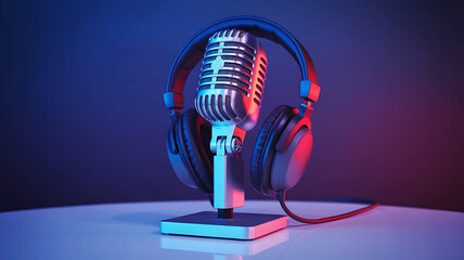 Vintage microphone and headphones illuminated with red and blue lights on a white surface