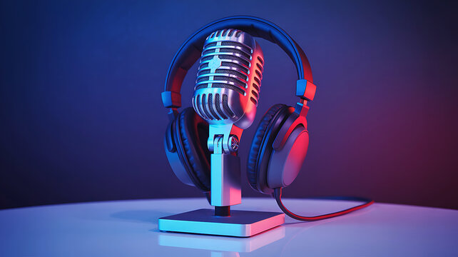 Vintage microphone and headphones illuminated with red and blue lights on a white surface - Powered by Adobe