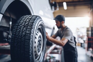 A smiling mechanic in uniform changing tire on a car, with the focus on the man and the black rubber structure, and white space for text or a logo. 