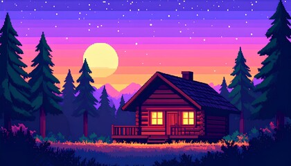 Fototapeta premium pixel art illustration of house in the woods at night
