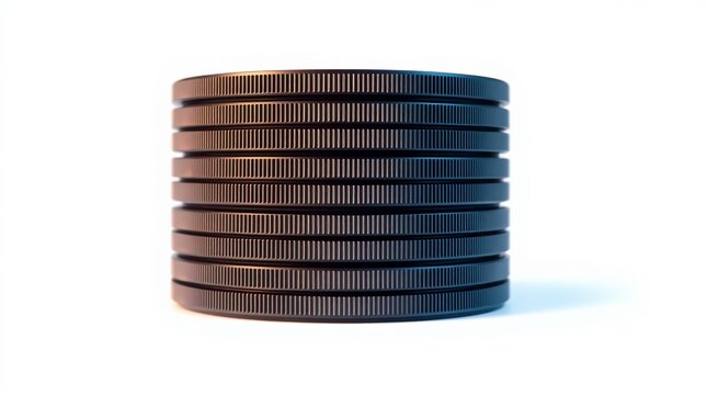 Stack of dark metallic coins arranged vertically against a pure white background, studio shot.