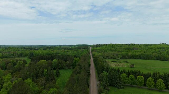 Aerial: sideroad and forest during the day in Caledon, Ontario, Canada, crane up drone shot