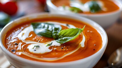 A rich and creamy bowl of tomato bisque soup, topped with a swirl of cream and basil leaves.