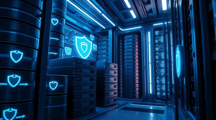Cybersecurity data center with glowing shield icons, servers, and futuristic blue design.