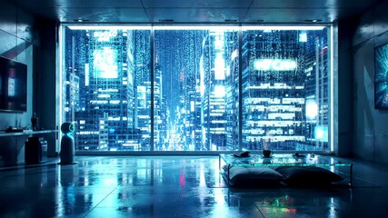 Futuristic cyberpunk apartment interior with rainy night cityscape view through large window - Powered by Adobe