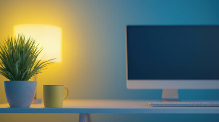 Obraz premium Cozy Workspace with Plant, Lamp, and Computer Setup for Remote Work or Study Environment