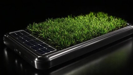 Showcasing an innovative ecological power bank that features a grass-covered surface while utilizing solar energy, promoting sustainability and eco-friendly technology in daily life