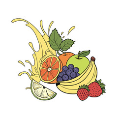 Tropical Fruit Explosion with Juice Splash- Summer Vector on White Background. Perfect for Summer themed Design, Juice ads, Packaging.