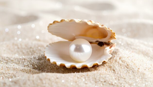 A seashell open with a sparkling pearl on the beach