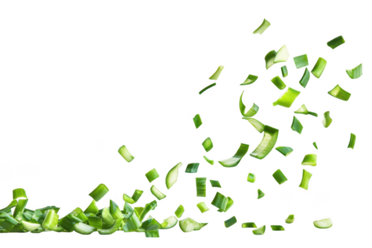 Chopped scallions falling isolated on transparent background