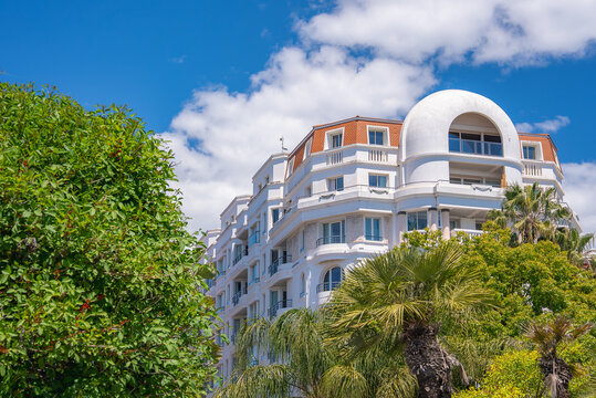 A white building with a dome shaped top stands amidst palm trees and greenery in Cannes, France, under a clear blue sky with scattered clouds.