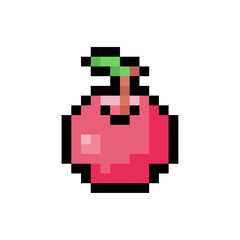 Pixel art apple fruit with green leaf on white background, Retro Game Food Icon, 8-Bit Apple Sprite, Minimalist Pixel Fruit Design, Vintage Pixelated Illustration