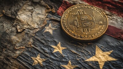 Bitcoin Coin on Worn American Flag