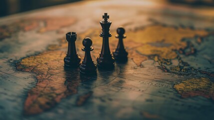 Chess pieces positioned on a vintage world map at dawn