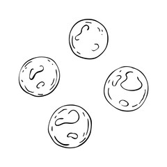 A set of four round bubbles or pearls. Black and white vector illustration in linear style. The simple, clean lines and organic shapes. Hand drawn by black ink. Sketch isolated on white. For clipart