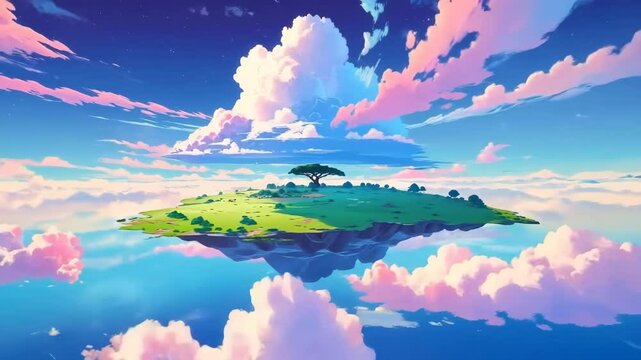 floating island in circular motion , a pastel clouds dreamy anime island clouds animation 
