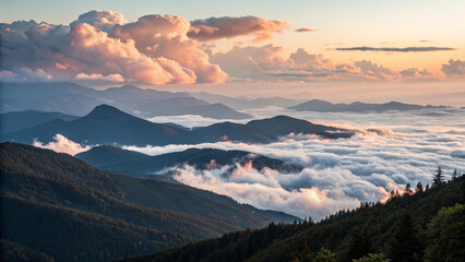 Majestic sunset over rolling mountains and a sea of clouds