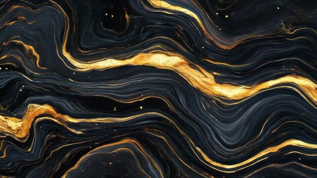 moody dark galaxy with ink-black space streaked with flowing gold and bronze rivers of stardust wavey motion, quiet glowing stars, elegant texture textile motion
