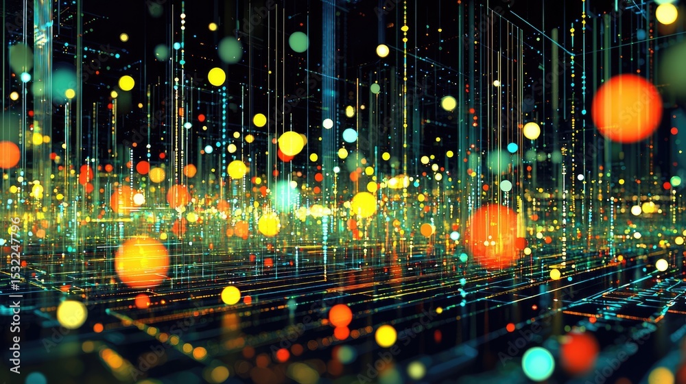Poster dynamic light patterns digital space abstract art virtual environment aerial view data visualization