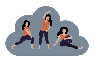Woman stretching, three different positions.