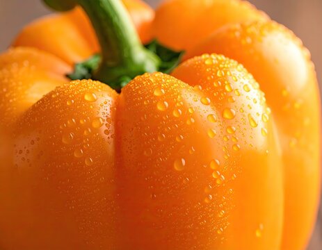 Closeup of Fresh orange bell pepper with Water Droplets
