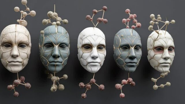 Artistic masks with abstract designs and organic elements displayed in a row.