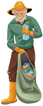 Elderly Man Collecting Trash During Gotong Royong Illustration