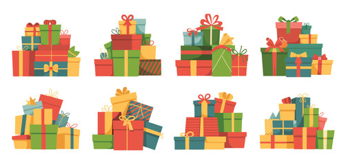 Eight Stacks of Christmas Presents Gift Boxes