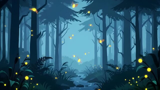 Enchanted Forest Night  Glowing Fireflies & Blooming Flowers