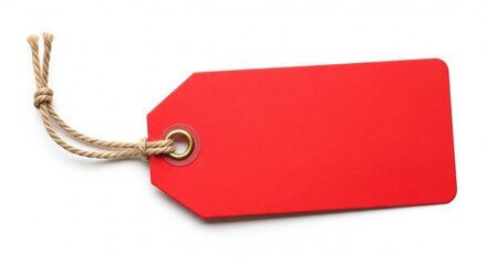 A vibrant red tag with a rustic twine string sits isolated on a clean white background surface.