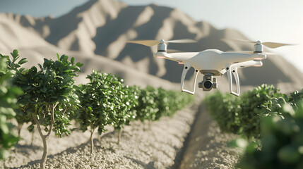 A white drone flies over a row of small green plants in a rocky field with blurred mountains in the background.