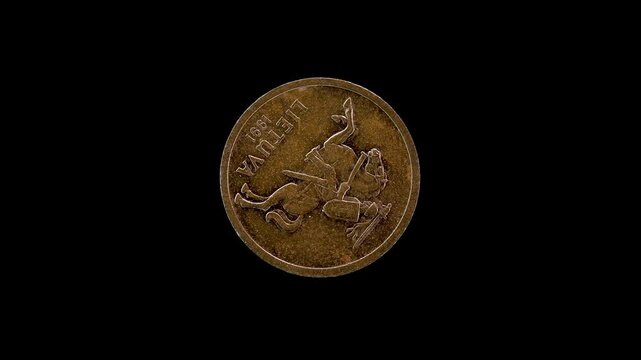 Lithuania 1991 20 centų coin obverse featuring Vytis (coat of arms) rotating on black background
