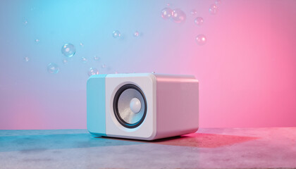 Modern white speaker against colorful background with bubbles  