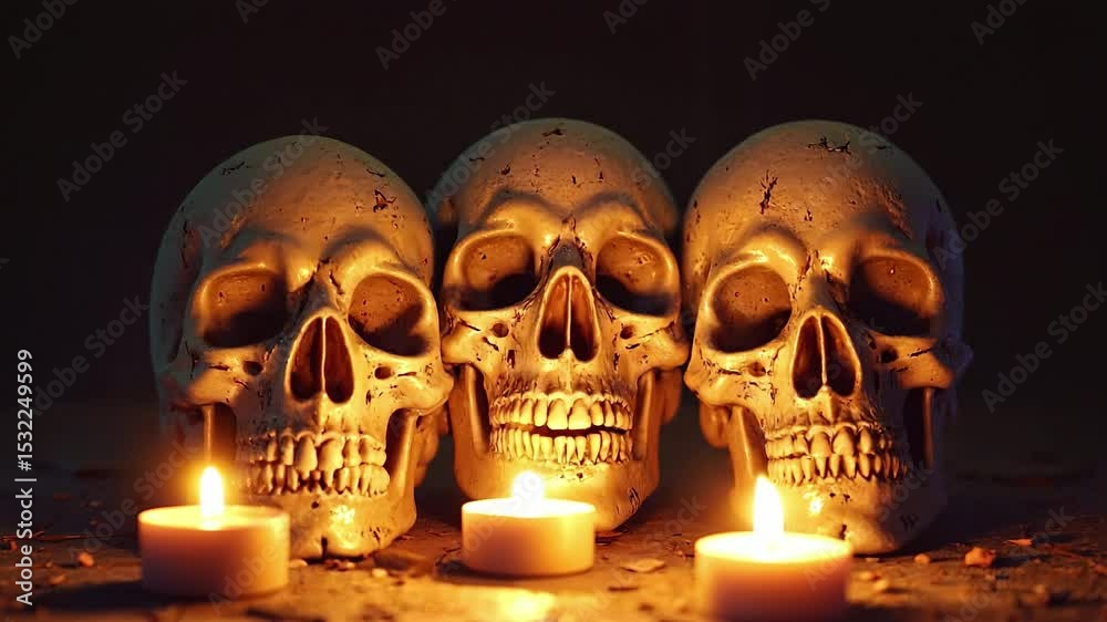 Poster eerie skulls illuminated by candles in a dark mysterious setting