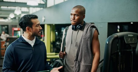 Man, personal trainer and sign up with tablet in gym for planning of training program. Advice, exercise or membership with client and fitness coach in club for development of workout schedule