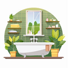 Serene bathroom interior with clawfoot tub, lush plants, and shelves stocked with toiletries.
