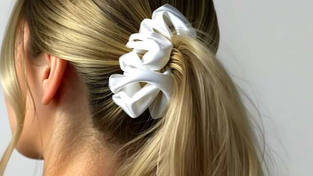 Creative hairstyles with a white scrunchie on blonde hair showcasing trendy looks for casual occasions and special events