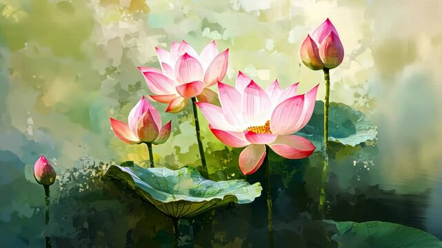 Pink lotus blossoms in watercolor style