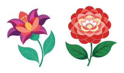 Two stylized flowers with green leaves
