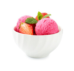Tasty sorbet, strawberries and mint isolated on white
