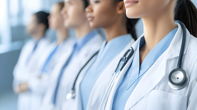 A team of diverse medical professionals stands in a row, wearing white coats and stethoscopes, symbolizing healthcare unity and collaboration.