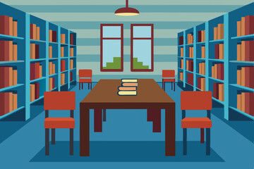 Serene Library Interior Bookshelves, Table, and Quiet Study Space