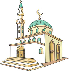 Vibrant Flat Cartoon Mosque Illustration with Teal Dome and Gold Accents