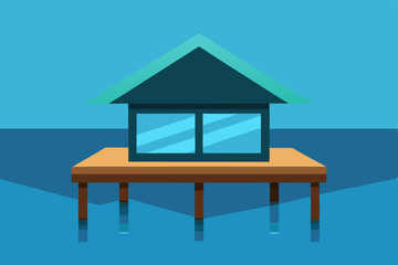 Serene Oceanfront Cabin Minimalist Lakeside House Illustration