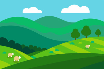 Serene Rolling Hills Landscape Idyllic Green Pastures with Sheep